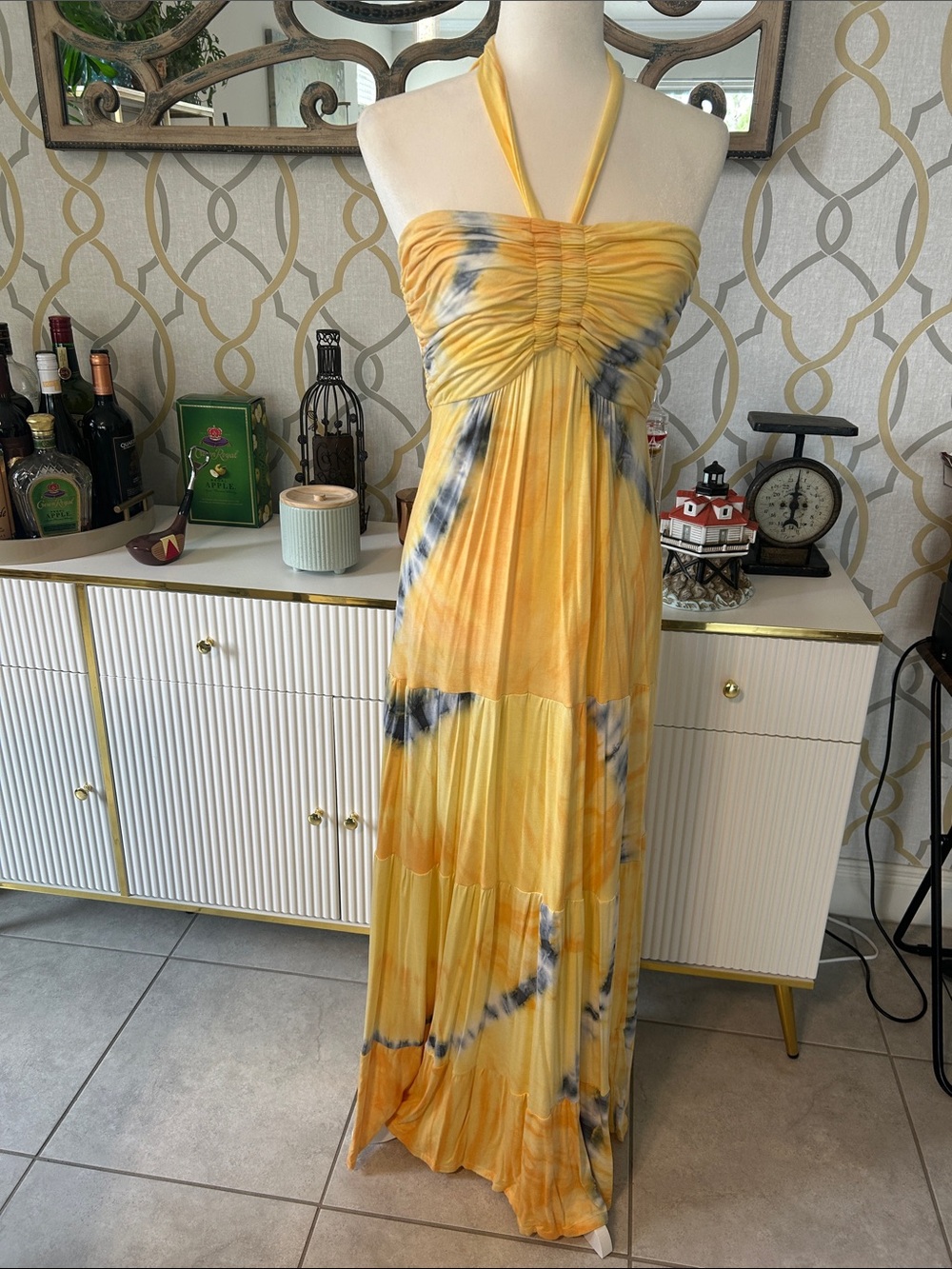 Hale Bob Yellow Tie-Dye Halter Maxi Dress